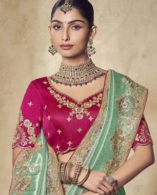 light_green embroidered jacquard silk blend wedding saree with blouse fabric 2