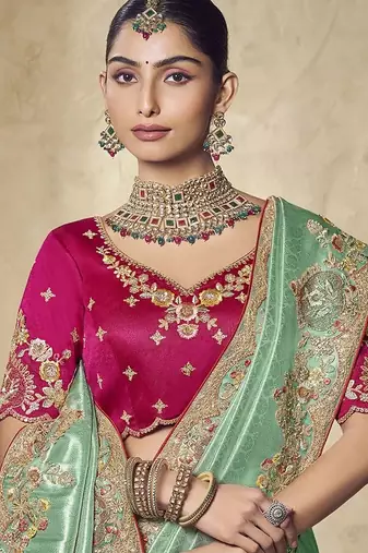 light_green embroidered jacquard silk blend wedding saree with blouse fabric