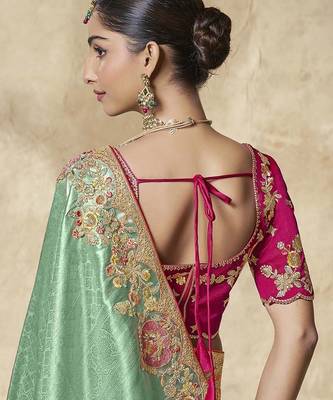 light_green embroidered jacquard silk blend wedding saree with blouse fabric 3