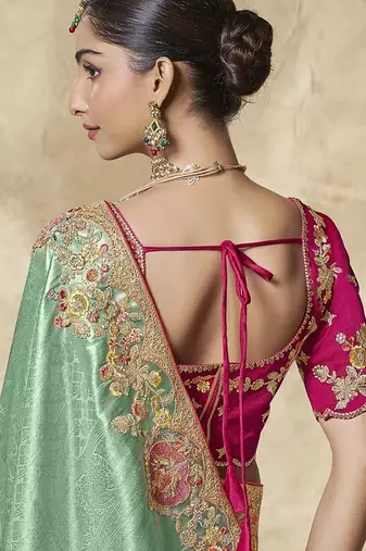 light_green embroidered jacquard silk blend wedding saree with blouse fabric