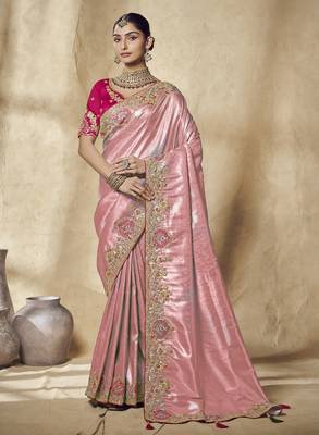 gajri pink embroidered jacquard silk blend wedding saree with blouse fabric 1
