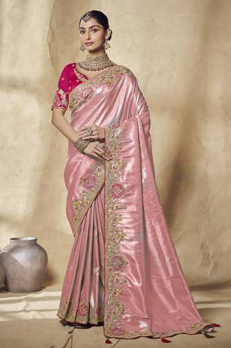 gajri pink embroidered jacquard silk blend wedding saree with blouse fabric