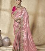 gajri pink embroidered jacquard silk blend wedding saree with blouse fabric