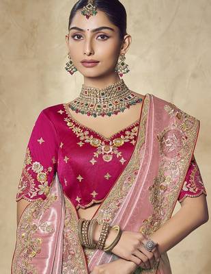 gajri pink embroidered jacquard silk blend wedding saree with blouse fabric 2