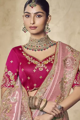gajri pink embroidered jacquard silk blend wedding saree with blouse fabric