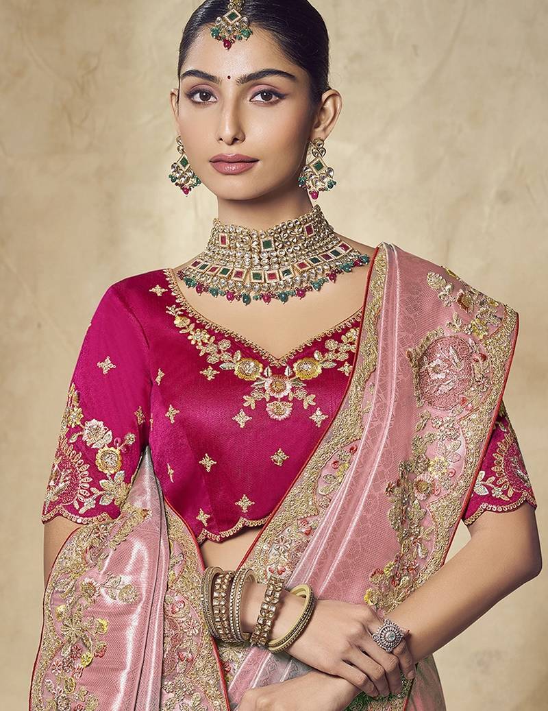 gajri pink embroidered jacquard silk blend wedding saree with blouse fabric