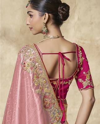 gajri pink embroidered jacquard silk blend wedding saree with blouse fabric 3