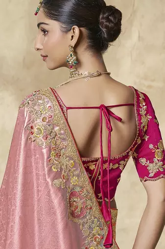 gajri pink embroidered jacquard silk blend wedding saree with blouse fabric
