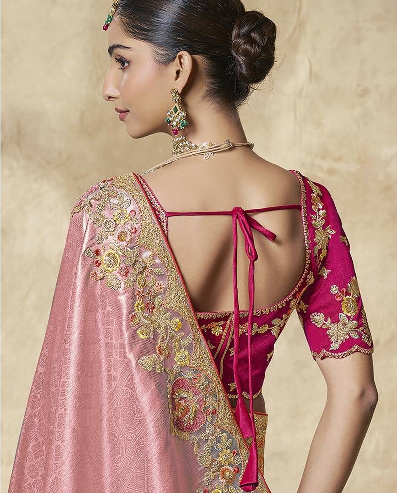 gajri pink embroidered jacquard silk blend wedding saree with blouse fabric