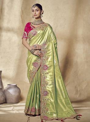 light_green embroidered jacquard silk blend wedding saree with blouse fabric 1