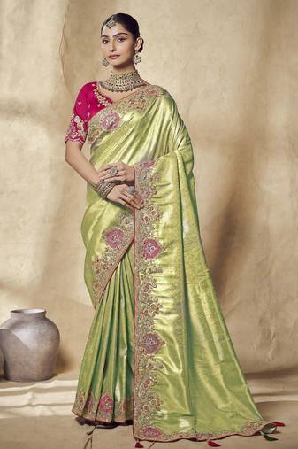 light_green embroidered jacquard silk blend wedding saree with blouse fabric