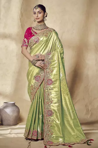 light_green embroidered jacquard silk blend wedding saree with blouse fabric