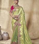 light_green embroidered jacquard silk blend wedding saree with blouse fabric