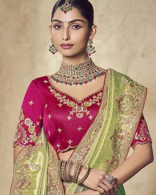 light_green embroidered jacquard silk blend wedding saree with blouse fabric 2