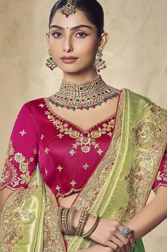 light_green embroidered jacquard silk blend wedding saree with blouse fabric