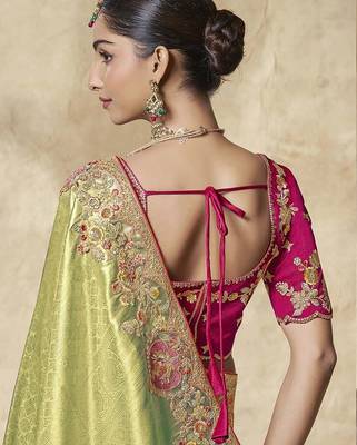 light_green embroidered jacquard silk blend wedding saree with blouse fabric 3