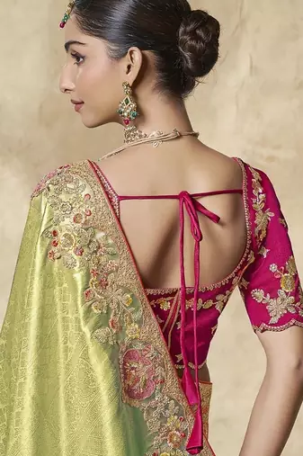 light_green embroidered jacquard silk blend wedding saree with blouse fabric