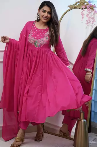  chinon silk floral embroidered pink kurta pant set with chanderi dupatta