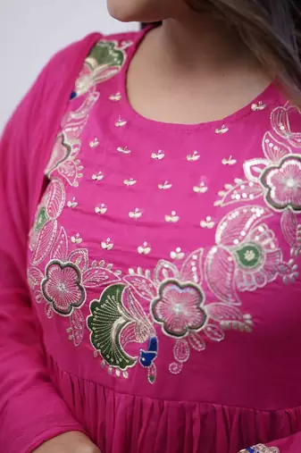  chinon silk floral embroidered pink kurta pant set with chanderi dupatta