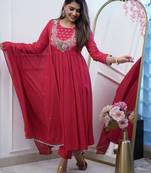 Women’s chinon silk floral embroidered maroon kurta pant set with chanderi dupatta