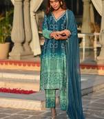 Women’s chinon silk floral embroidered rama kurta pant set with nazneen dupatta