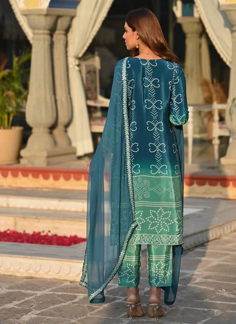 Women’s chinon silk floral embroidered rama kurta pant set with nazneen dupatta