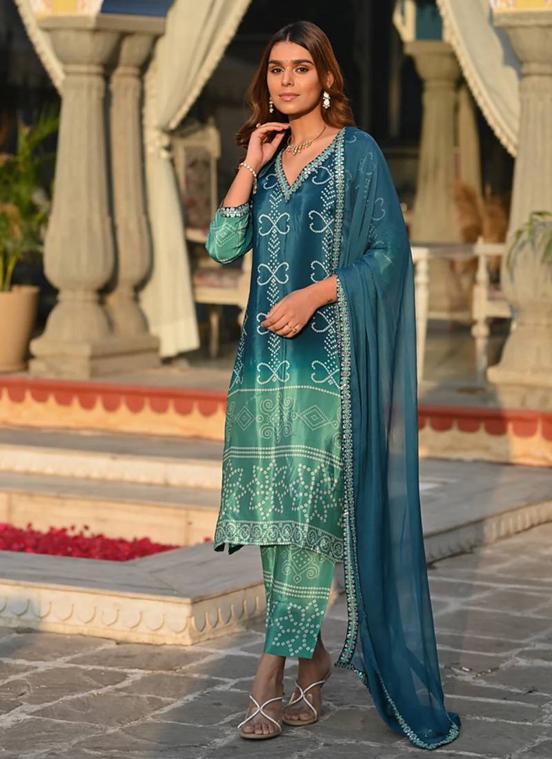 Women’s chinon silk floral embroidered rama kurta pant set with nazneen dupatta