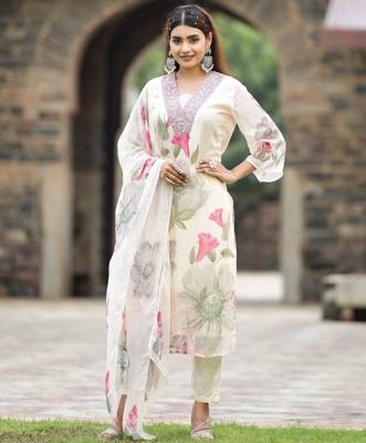  georgette floral embroidered white kurta pant set with georgette dupatta 1