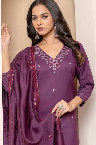  roman silk embroidered purple kurta pant set with chanderi dupatta