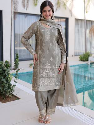 Magnificent Grey Embroidered Silk Festival Wear Salwar Kameez 1