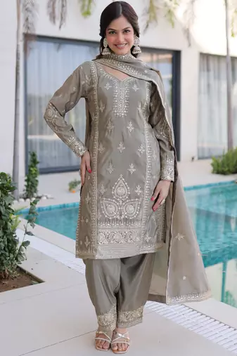 Magnificent Grey Embroidered Silk Festival Wear Salwar Kameez