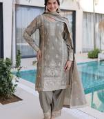 Magnificent Grey Embroidered Silk Festival Wear Salwar Kameez
