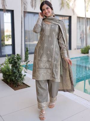 Magnificent Grey Embroidered Silk Festival Wear Salwar Kameez 3