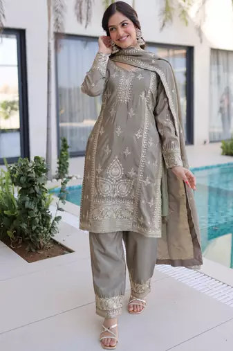 Magnificent Grey Embroidered Silk Festival Wear Salwar Kameez