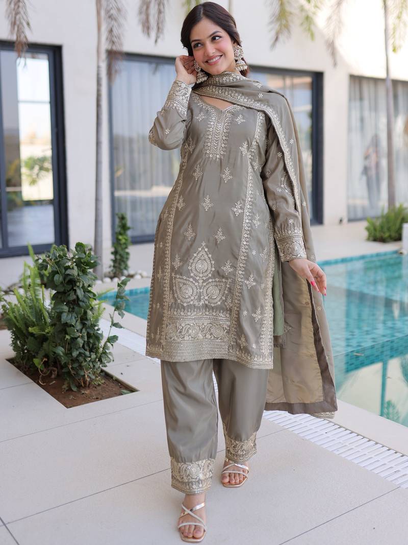 Magnificent Grey Embroidered Silk Festival Wear Salwar Kameez