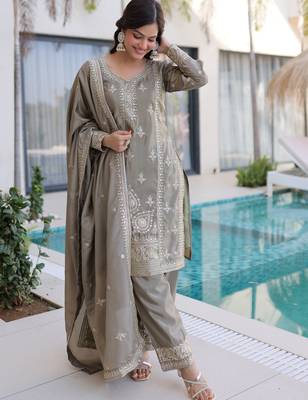 Magnificent Grey Embroidered Silk Festival Wear Salwar Kameez 4