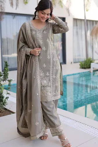 Magnificent Grey Embroidered Silk Festival Wear Salwar Kameez