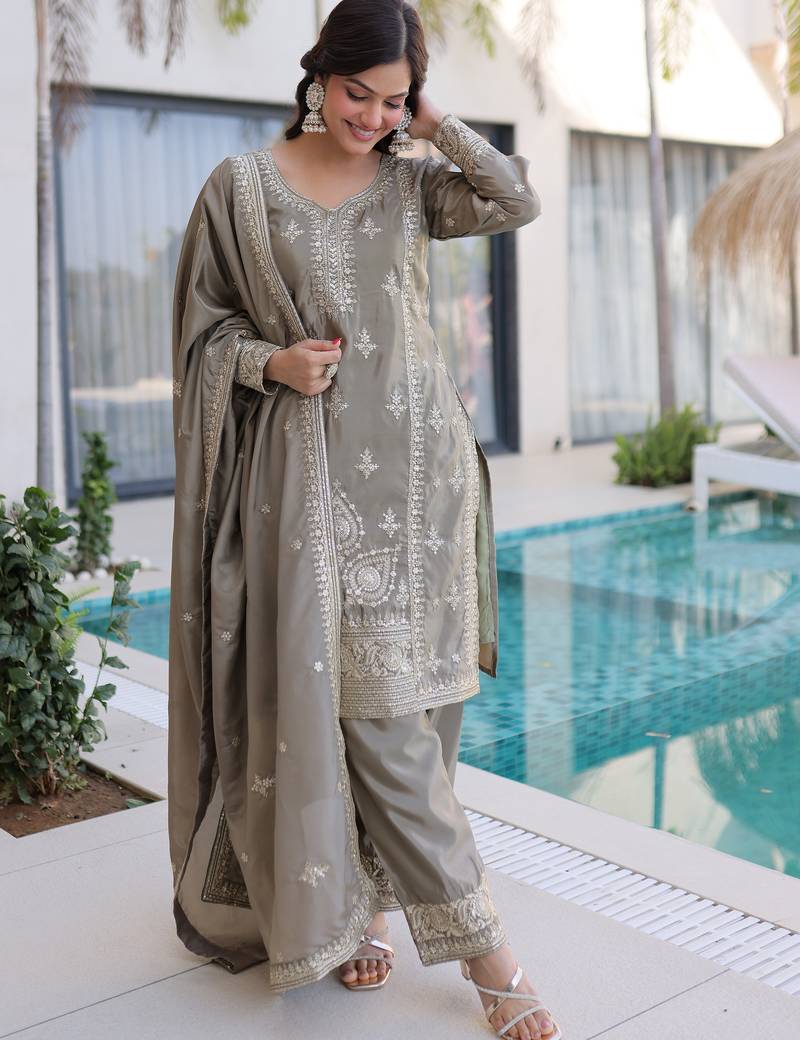 Magnificent Grey Embroidered Silk Festival Wear Salwar Kameez