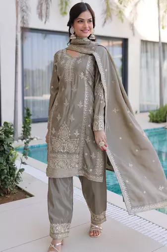 Magnificent Grey Embroidered Silk Festival Wear Salwar Kameez