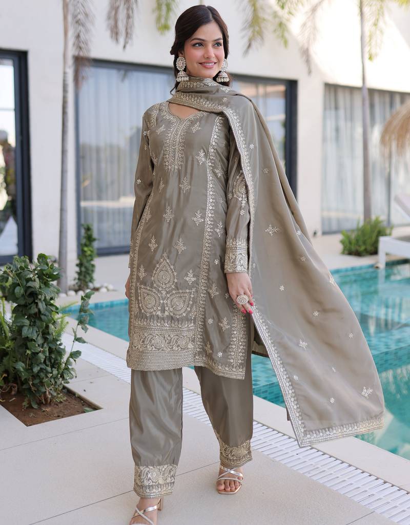 Magnificent Grey Embroidered Silk Festival Wear Salwar Kameez