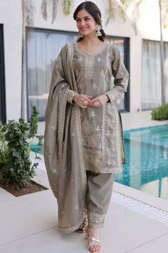 Magnificent Grey Embroidered Silk Festival Wear Salwar Kameez