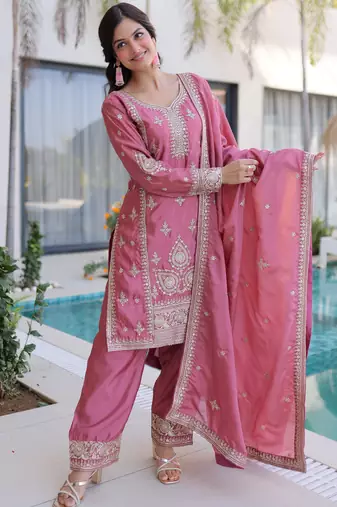 Mesmerizing Pink Embroidered Silk Function Wear Salwar Kameez