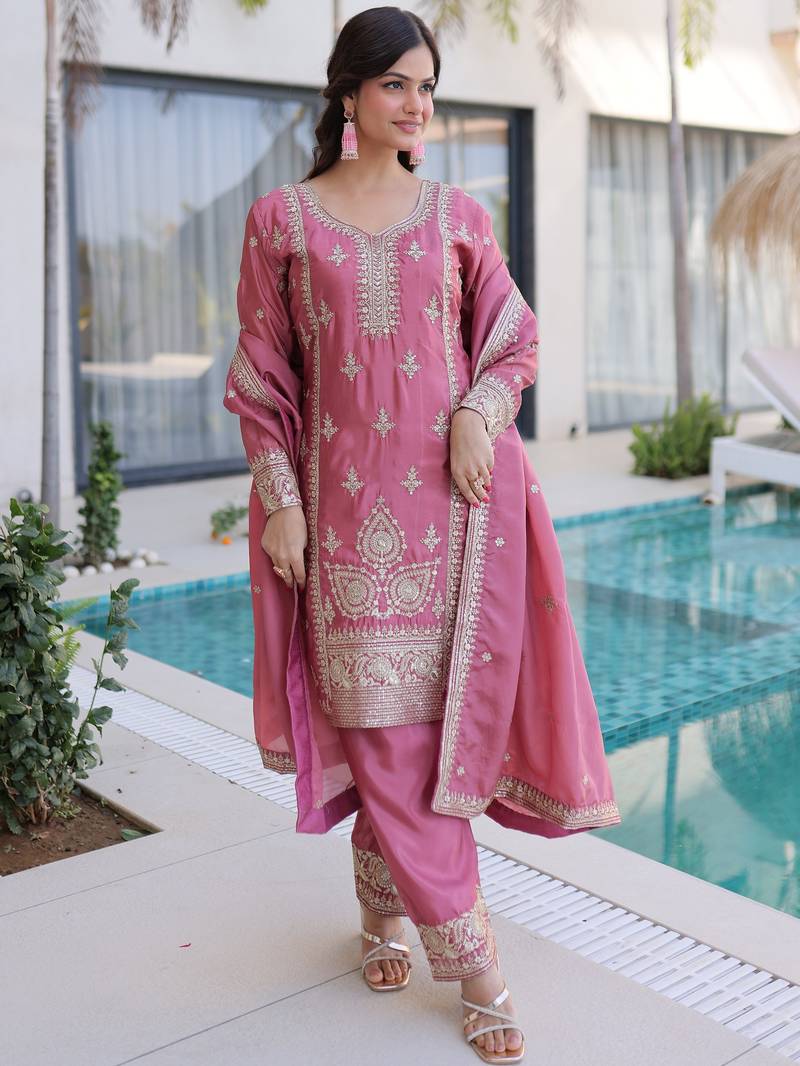 Mesmerizing Pink Embroidered Silk Function Wear Salwar Kameez
