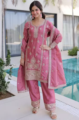 Mesmerizing Pink Embroidered Silk Function Wear Salwar Kameez