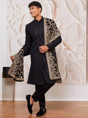 black sequin chikankari sherwani with satin pyjama & velvet embroidered dupatta | premium wedding ensemble 1