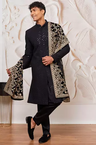 black sequin chikankari sherwani with satin pyjama & velvet embroidered dupatta | premium wedding ensemble
