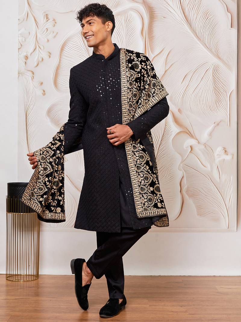 black sequin chikankari sherwani with satin pyjama & velvet embroidered dupatta | premium wedding ensemble