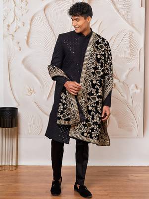 black sequin chikankari sherwani with satin pyjama & velvet embroidered dupatta | premium wedding ensemble 2