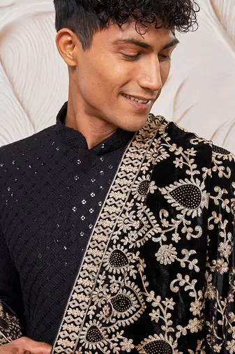 black sequin chikankari sherwani with satin pyjama & velvet embroidered dupatta | premium wedding ensemble