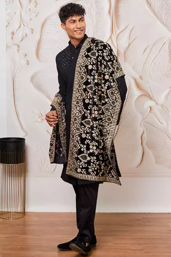 black sequin chikankari sherwani with satin pyjama & velvet embroidered dupatta | premium wedding ensemble